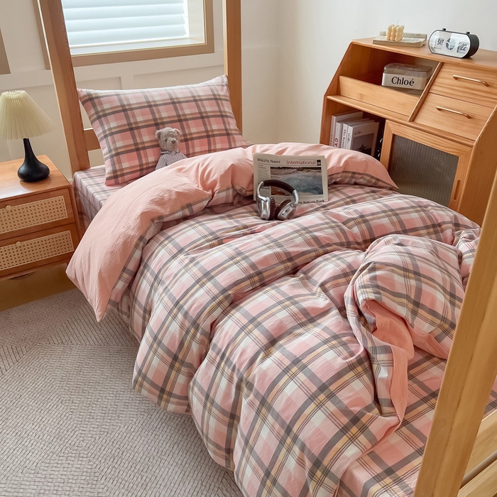 91家纺网 家纺一手货源 找家纺 鸣升家纺 2025新款全棉纯棉色织水洗棉学生三件套 莫妮卡粉