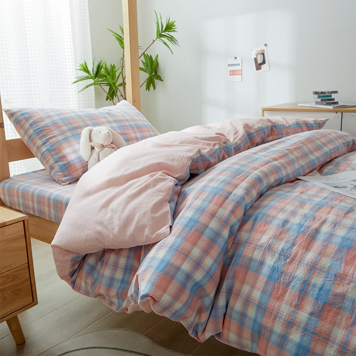 91家纺网 家纺一手货源 找家纺 鸣升家纺 2025新款全棉纯棉色织水洗棉学生三件套 星空粉