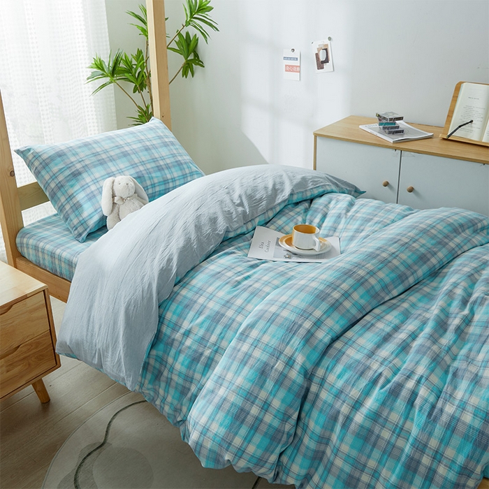 91家纺网 家纺一手货源 找家纺 鸣升家纺 2025新款全棉纯棉色织水洗棉学生三件套 星空绿