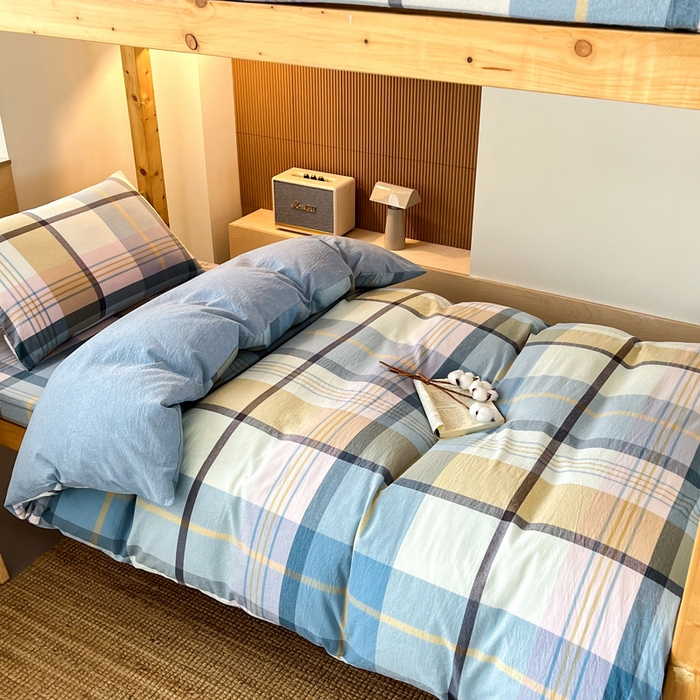 91家纺网 家纺一手货源 找家纺 鸣升家纺 2025新款全棉纯棉色织水洗棉学生三件套 英伦格