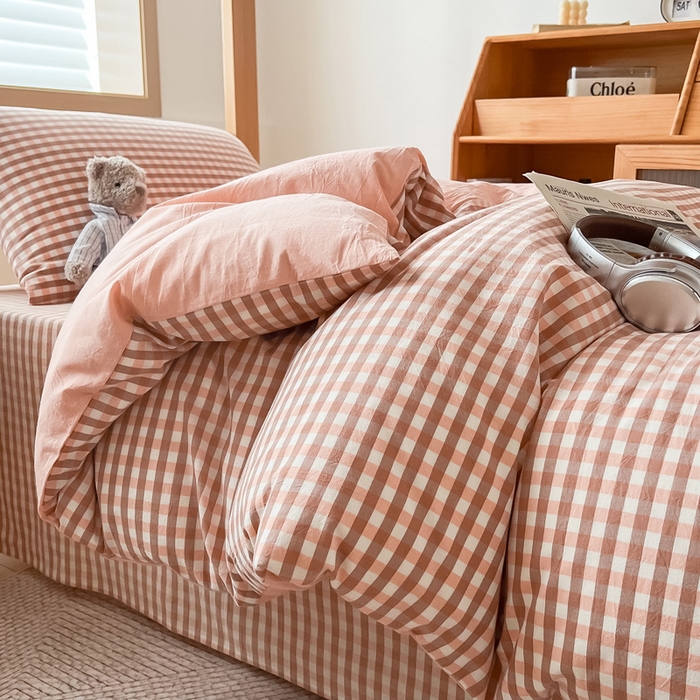 91家纺网 家纺一手货源 找家纺 九沐良品 2025新款全棉纯棉色织水洗棉学生三件套宿舍三件套上下铺三件套 粉小格