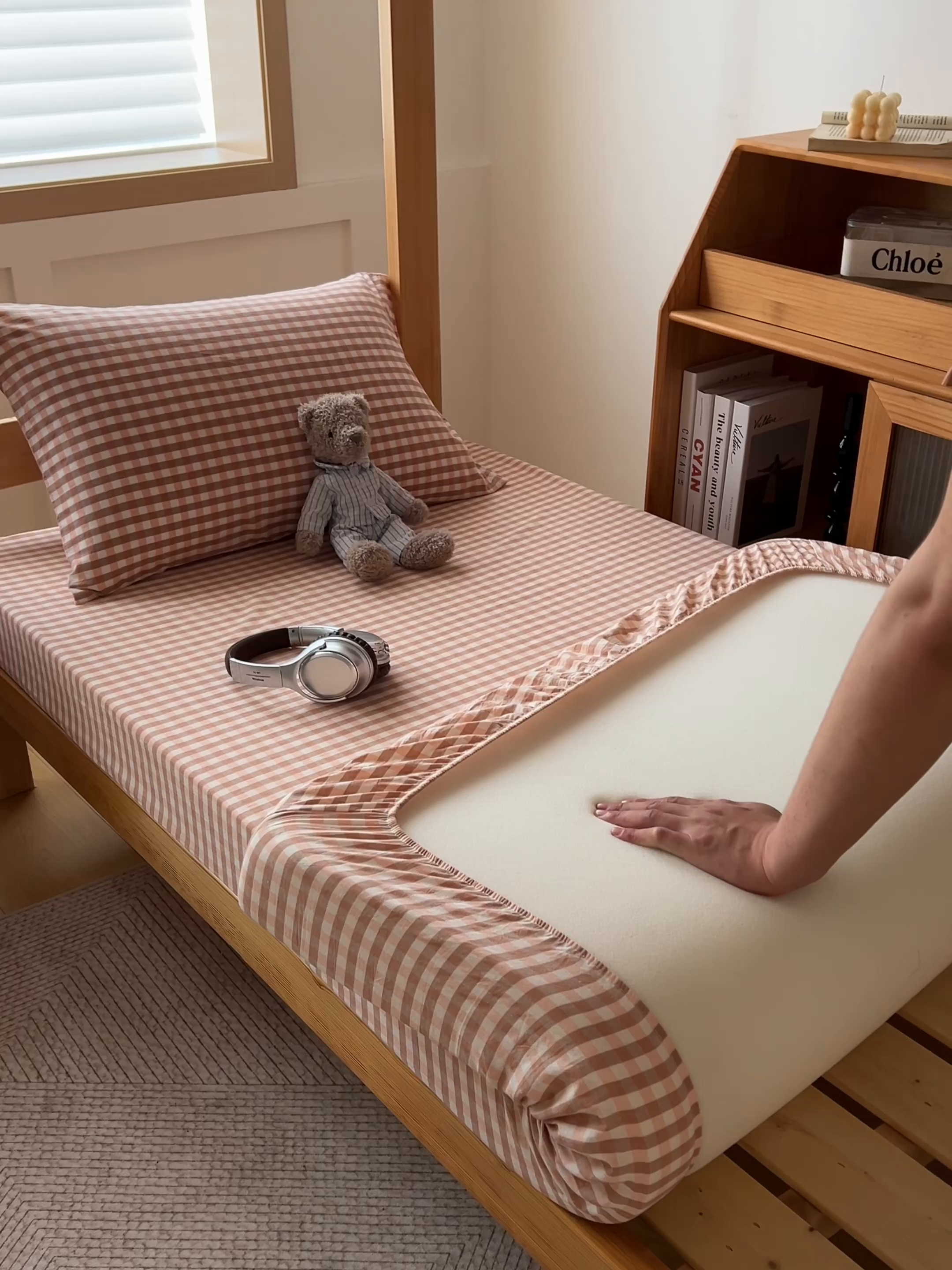 91家纺网 家纺一手货源 找家纺 九沐良品 2025新款全棉纯棉色织水洗棉学生三件套宿舍三件套上下铺三件套 粉小格