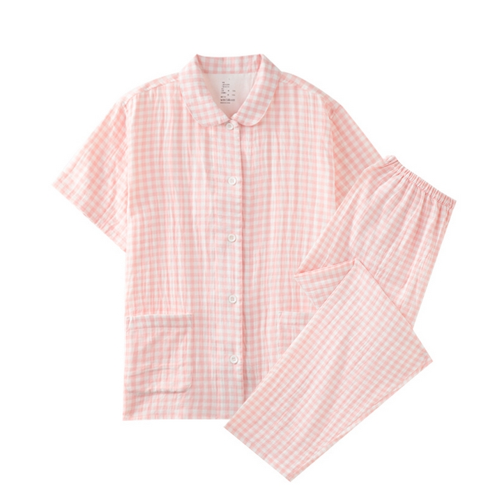 91家纺网 家纺一手货源 找家纺 玖弘家居 2025新款全棉双层纱长袖家居服【控价 抖音69.9  视频号  69.9   小红书  89】 女款糖果粉短袖