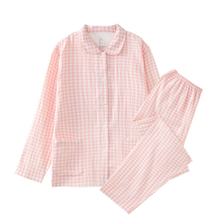 91家纺网 家纺一手货源 找家纺 玖弘家居 2025新款全棉双层纱长袖家居服【控价 抖音69.9  视频号  69.9   小红书  89】 女款糖果粉长袖