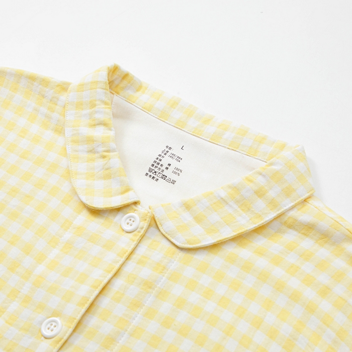 91家纺网 家纺一手货源 找家纺 玖弘家居 2025新款全棉双层纱长袖家居服【控价 抖音69.9  视频号  69.9   小红书  89】 女款糖果黄短袖