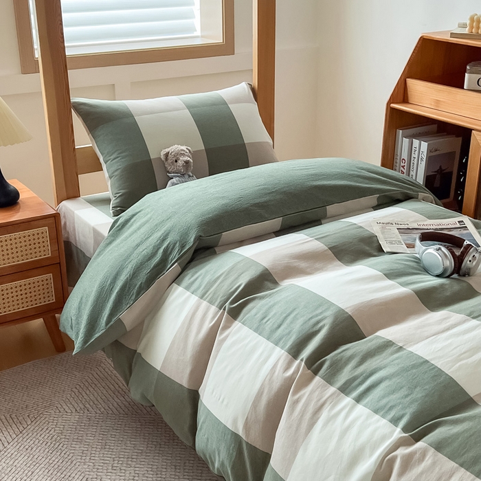 91家纺网 家纺一手货源 找家纺 九沐良品 2025新款全棉纯棉色织水洗棉学生三件套宿舍三件套上下铺三件套 绿大格