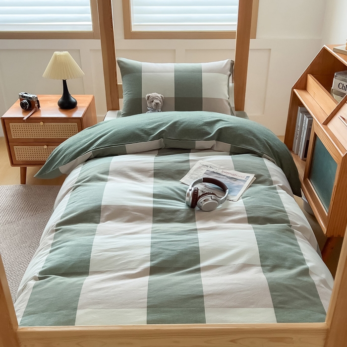 91家纺网 家纺一手货源 找家纺 九沐良品 2025新款全棉纯棉色织水洗棉学生三件套宿舍三件套上下铺三件套 绿大格