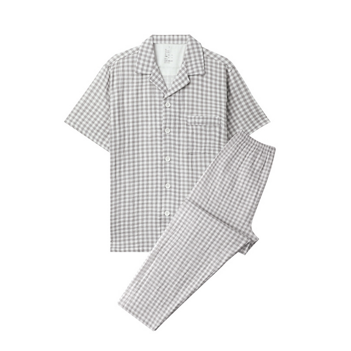 91家纺网 家纺一手货源 找家纺 玖弘家居 2025新款全棉双层纱长袖家居服【控价 抖音69.9  视频号  69.9   小红书  89】 男款糖果灰短袖