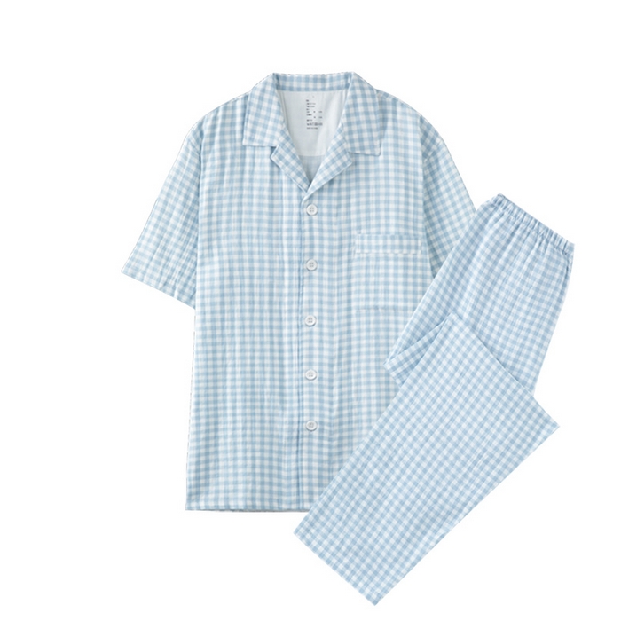 91家纺网 家纺一手货源 找家纺 玖弘家居 2025新款全棉双层纱长袖家居服【控价 抖音69.9  视频号  69.9   小红书  89】 男款糖果蓝短袖长裤