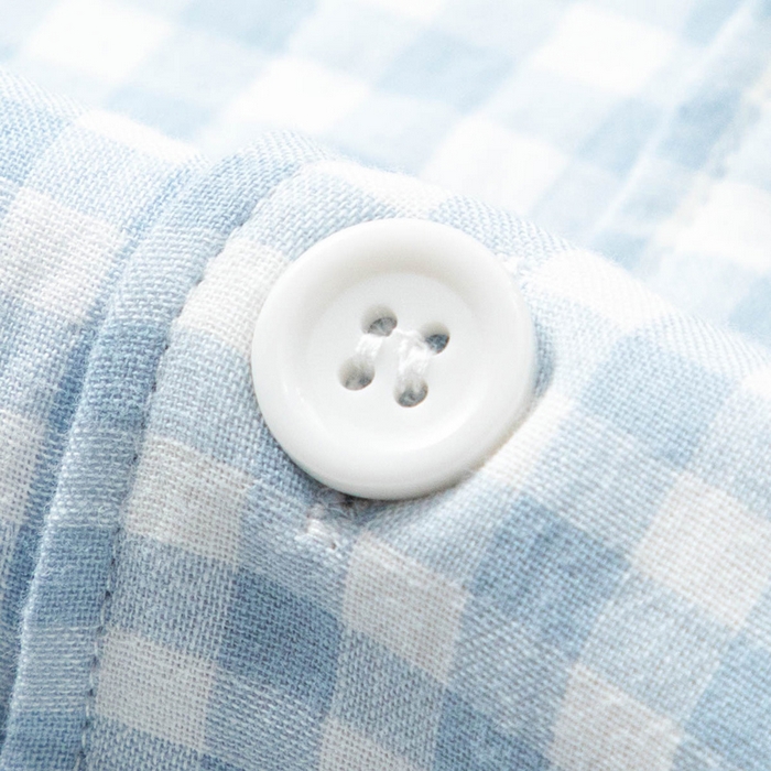 91家纺网 家纺一手货源 找家纺 玖弘家居 2025新款全棉双层纱长袖家居服【控价 抖音69.9  视频号  69.9   小红书  89】 男款糖果蓝短袖长裤