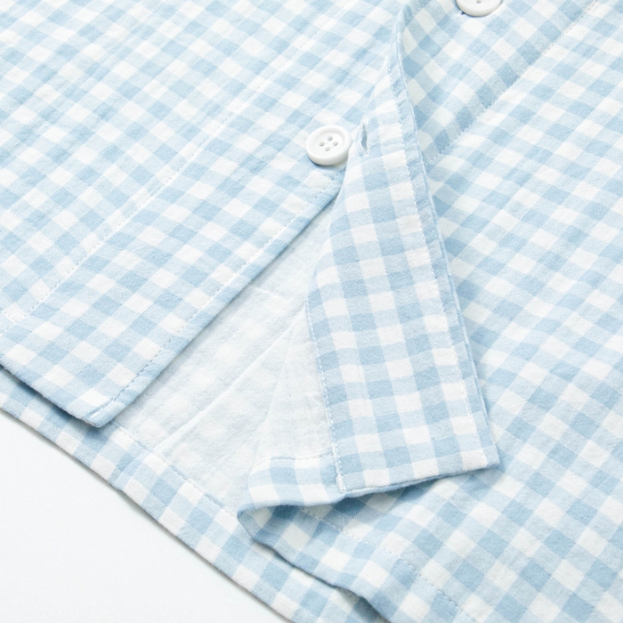 91家纺网 家纺一手货源 找家纺 玖弘家居 2025新款全棉双层纱长袖家居服【控价 抖音69.9  视频号  69.9   小红书  89】 男款糖果蓝短袖长裤