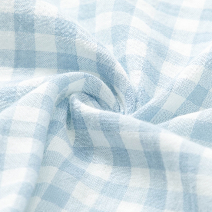 91家纺网 家纺一手货源 找家纺 玖弘家居 2025新款全棉双层纱长袖家居服【控价 抖音69.9  视频号  69.9   小红书  89】 男款糖果蓝短袖长裤