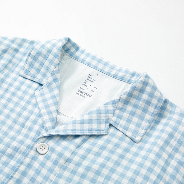 91家纺网 家纺一手货源 找家纺 玖弘家居 2025新款全棉双层纱长袖家居服【控价 抖音69.9  视频号  69.9   小红书  89】 男款糖果蓝短袖长裤