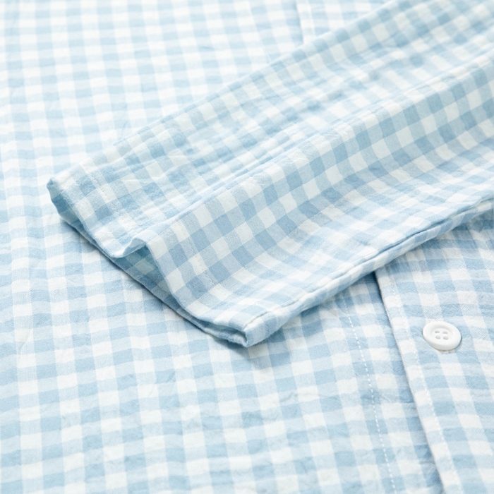 91家纺网 家纺一手货源 找家纺 玖弘家居 2025新款全棉双层纱长袖家居服【控价 抖音69.9  视频号  69.9   小红书  89】 男款糖果蓝短袖长裤