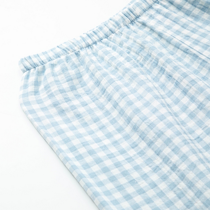 91家纺网 家纺一手货源 找家纺 玖弘家居 2025新款全棉双层纱长袖家居服【控价 抖音69.9  视频号  69.9   小红书  89】 男款糖果蓝长袖长裤