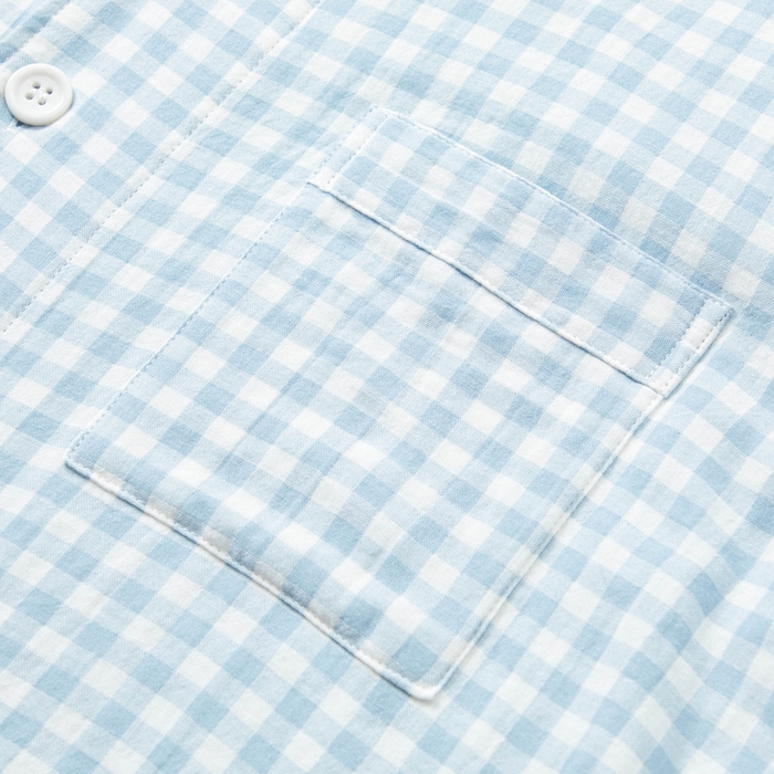 91家纺网 家纺一手货源 找家纺 玖弘家居 2025新款全棉双层纱长袖家居服【控价 抖音69.9  视频号  69.9   小红书  89】 男款糖果蓝长袖长裤