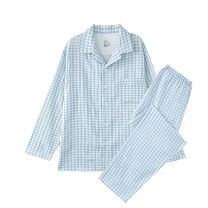 91家纺网 家纺一手货源 找家纺 玖弘家居 2025新款全棉双层纱长袖家居服【控价 抖音69.9  视频号  69.9   小红书  89】 男款糖果蓝长袖长裤