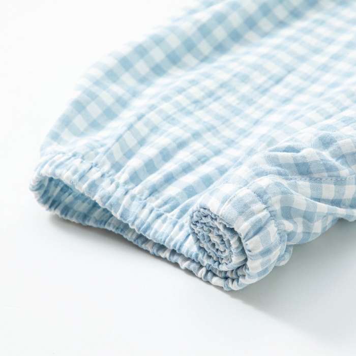 91家纺网 家纺一手货源 找家纺 玖弘家居 2025新款全棉双层纱长袖家居服【控价 抖音69.9  视频号  69.9   小红书  89】 男款糖果蓝长袖长裤