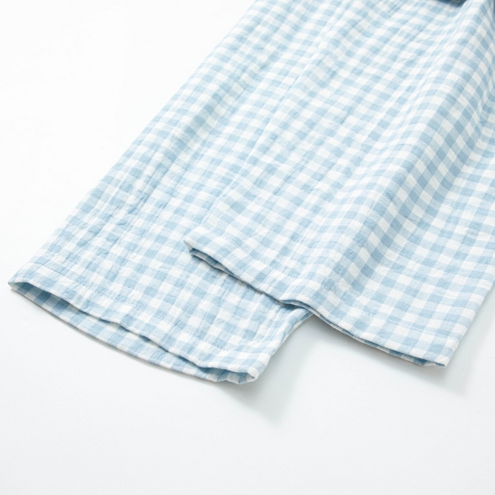 91家纺网 家纺一手货源 找家纺 玖弘家居 2025新款全棉双层纱长袖家居服【控价 抖音69.9  视频号  69.9   小红书  89】 男款糖果蓝长袖长裤