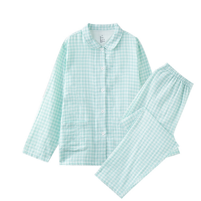 91家纺网 家纺一手货源 找家纺 玖弘家居 2025新款全棉双层纱长袖家居服【控价 抖音69.9  视频号  69.9   小红书  89】 女款糖果绿长袖长裤