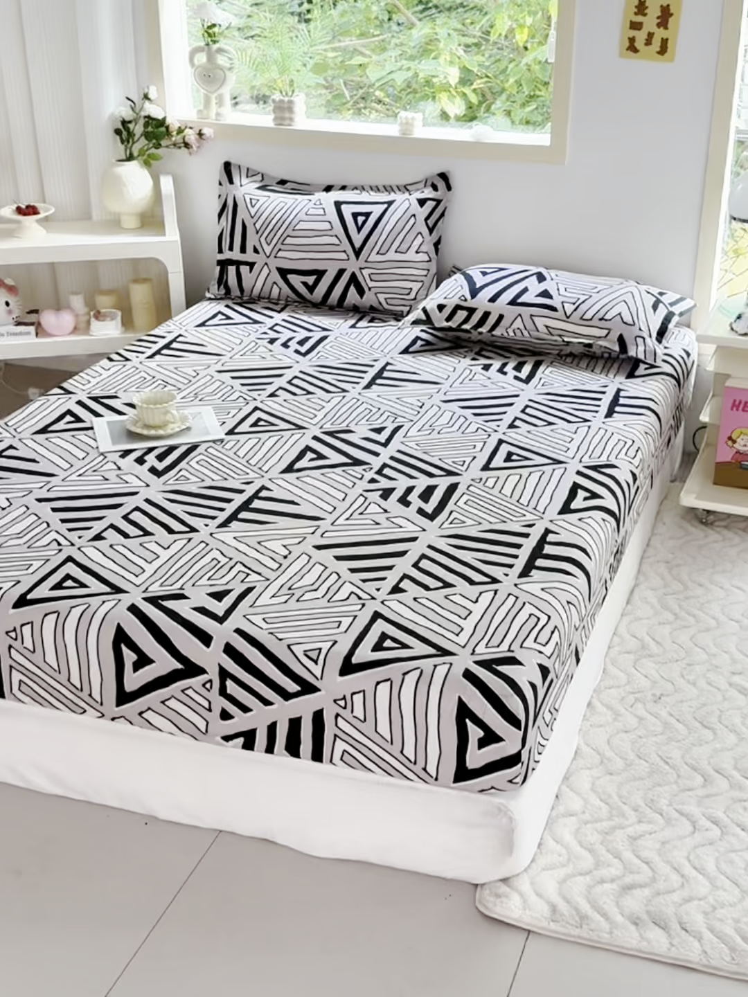 91家纺网 家纺一手货源 找家纺 梵巢家纺 芦荟棉床笠单床笠，外贸跨境单床笠磨毛床笠印花床笠床笠三件套 三角几何