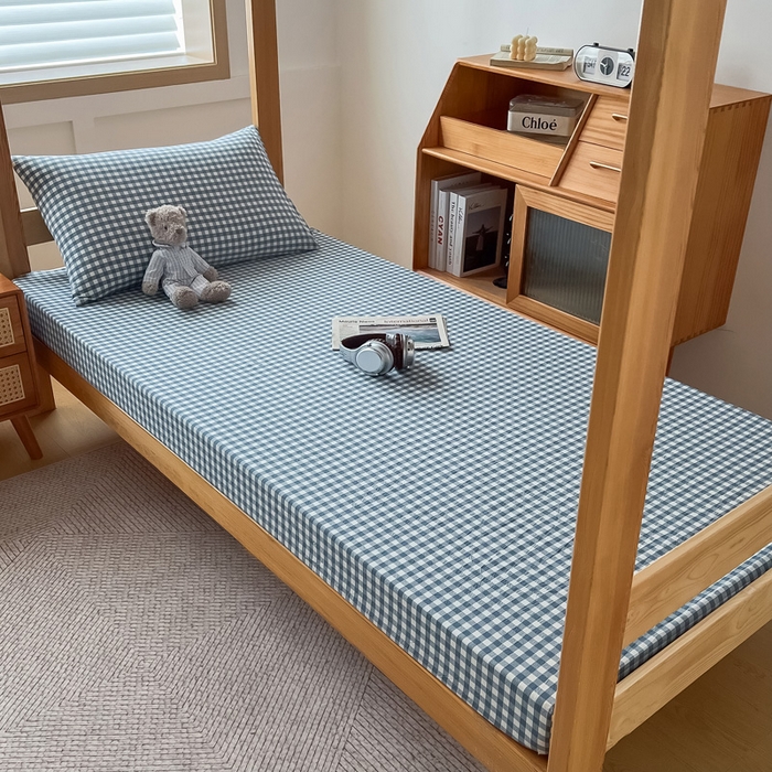 91家纺网 家纺一手货源 找家纺 九沐良品 2025新款全棉纯棉色织水洗棉学生三件套宿舍三件套上下铺三件套 浅蓝小格