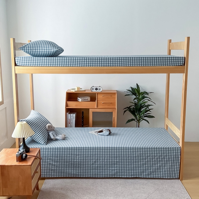 91家纺网 家纺一手货源 找家纺 九沐良品 2025新款全棉纯棉色织水洗棉学生三件套宿舍三件套上下铺三件套 浅蓝小格