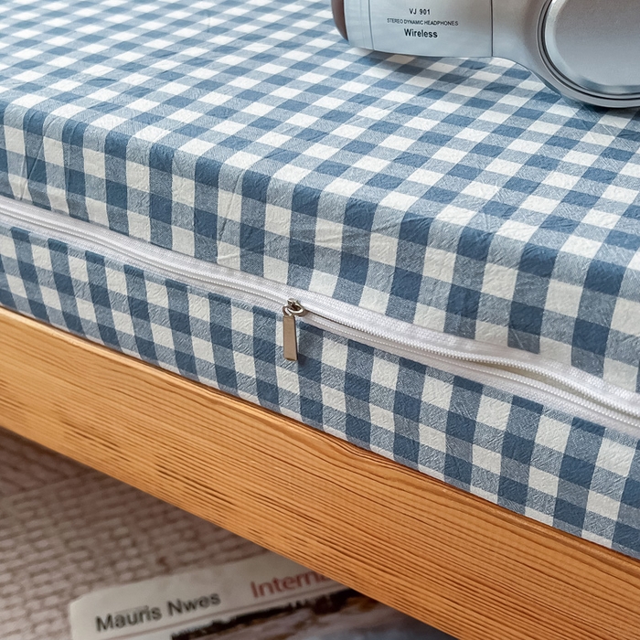 91家纺网 家纺一手货源 找家纺 九沐良品 2025新款全棉纯棉色织水洗棉学生三件套宿舍三件套上下铺三件套 浅蓝小格