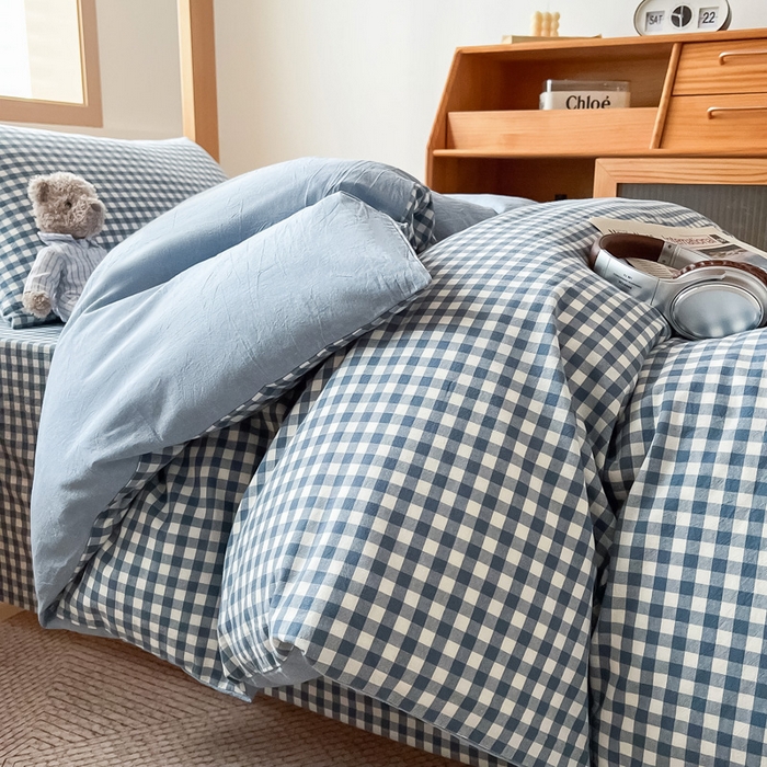 91家纺网 家纺一手货源 找家纺 九沐良品 2025新款全棉纯棉色织水洗棉学生三件套宿舍三件套上下铺三件套 浅蓝小格