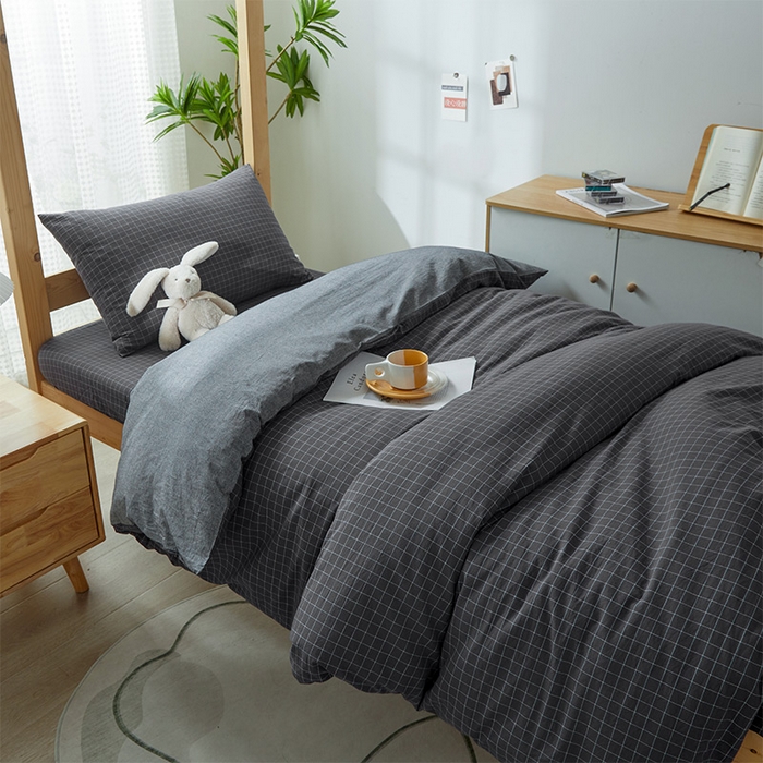 91家纺网 家纺一手货源 找家纺 九沐良品 2025新款全棉纯棉色织水洗棉学生三件套宿舍三件套上下铺三件套 新灰格