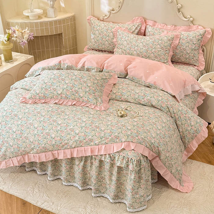 91家纺网 家纺一手货源 找家纺 美达家纺 2025新款韩版全棉床裙款床单款四件套 柏林梦境-绿