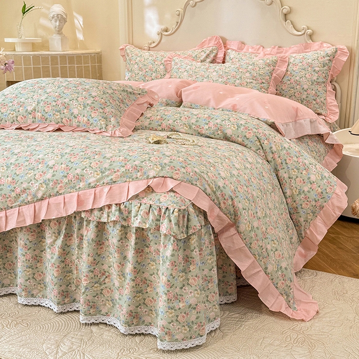 91家纺网 家纺一手货源 找家纺 美达家纺 2025新款韩版全棉床裙款床单款四件套 柏林梦境-绿