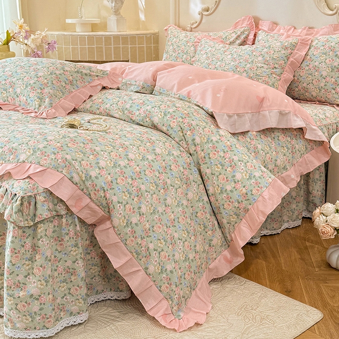 91家纺网 家纺一手货源 找家纺 美达家纺 2025新款韩版全棉床裙款床单款四件套 柏林梦境-绿