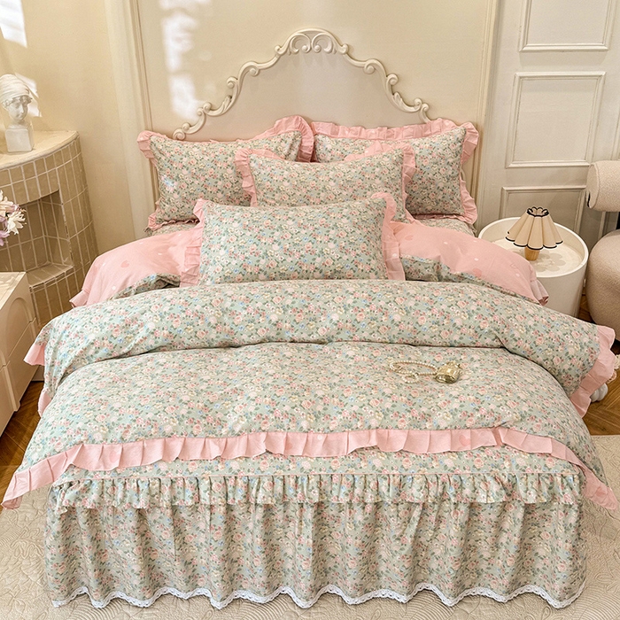 91家纺网 家纺一手货源 找家纺 美达家纺 2025新款韩版全棉床裙款床单款四件套 柏林梦境-绿