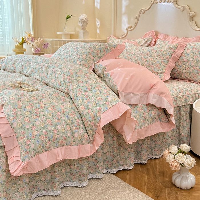 91家纺网 家纺一手货源 找家纺 美达家纺 2025新款韩版全棉床裙款床单款四件套 柏林梦境-绿