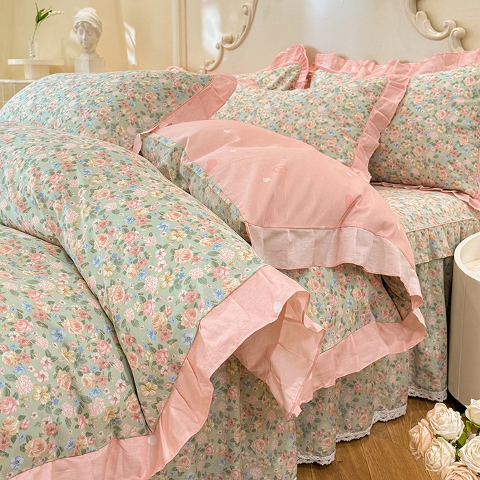 91家纺网 家纺一手货源 找家纺 美达家纺 2025新款韩版全棉床裙款床单款四件套 柏林梦境-绿