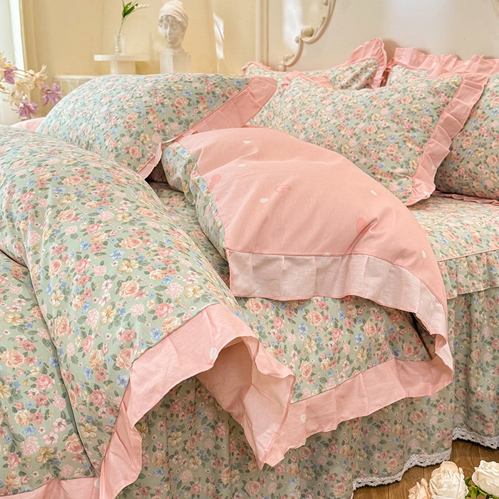 91家纺网 家纺一手货源 找家纺 美达家纺 2025新款韩版全棉床裙款床单款四件套 柏林梦境-绿