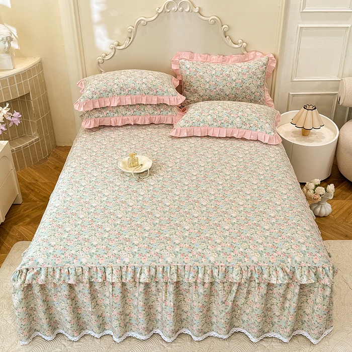 91家纺网 家纺一手货源 找家纺 美达家纺 2025新款韩版全棉床裙款床单款四件套 柏林梦境-绿