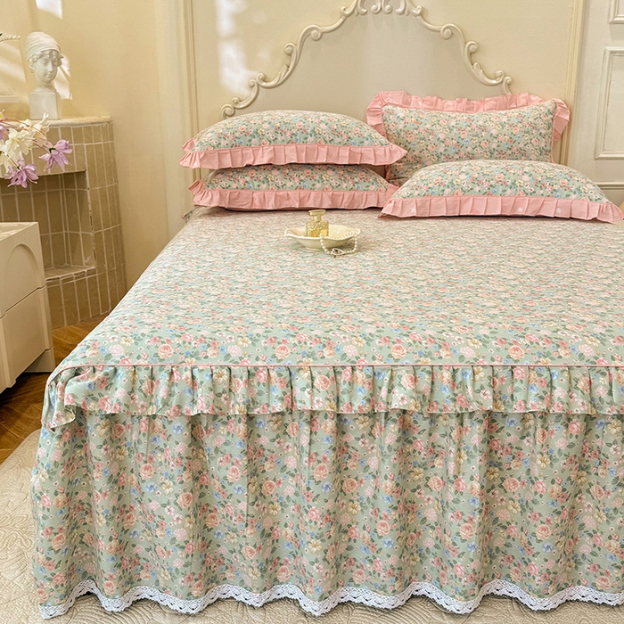 91家纺网 家纺一手货源 找家纺 美达家纺 2025新款韩版全棉床裙款床单款四件套 柏林梦境-绿