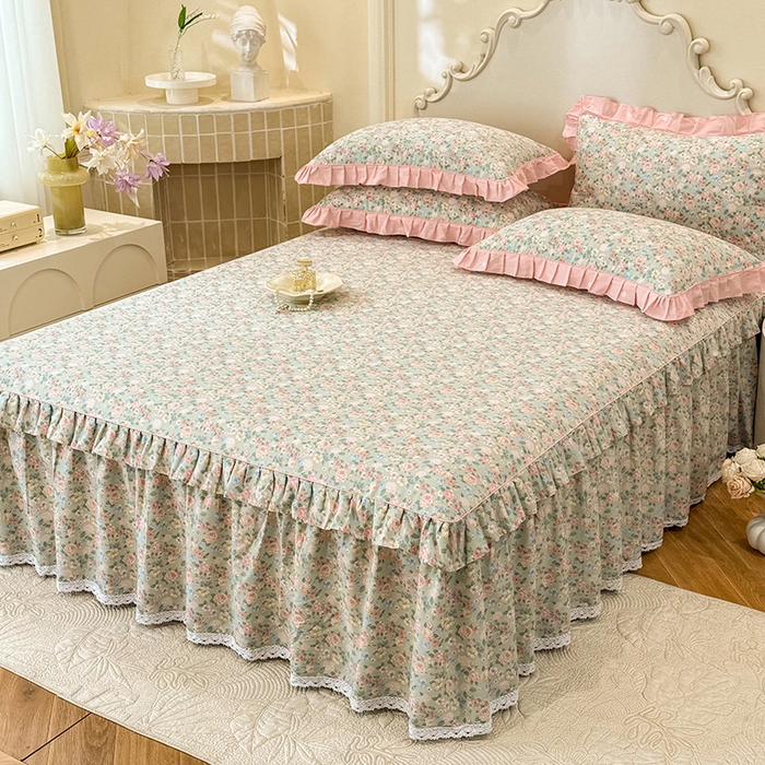 91家纺网 家纺一手货源 找家纺 美达家纺 2025新款韩版全棉床裙款床单款四件套 柏林梦境-绿