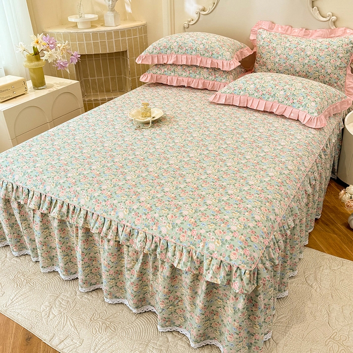 91家纺网 家纺一手货源 找家纺 美达家纺 2025新款韩版全棉床裙款床单款四件套 柏林梦境-绿