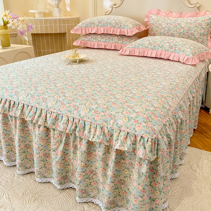 91家纺网 家纺一手货源 找家纺 美达家纺 2025新款韩版全棉床裙款床单款四件套 柏林梦境-绿