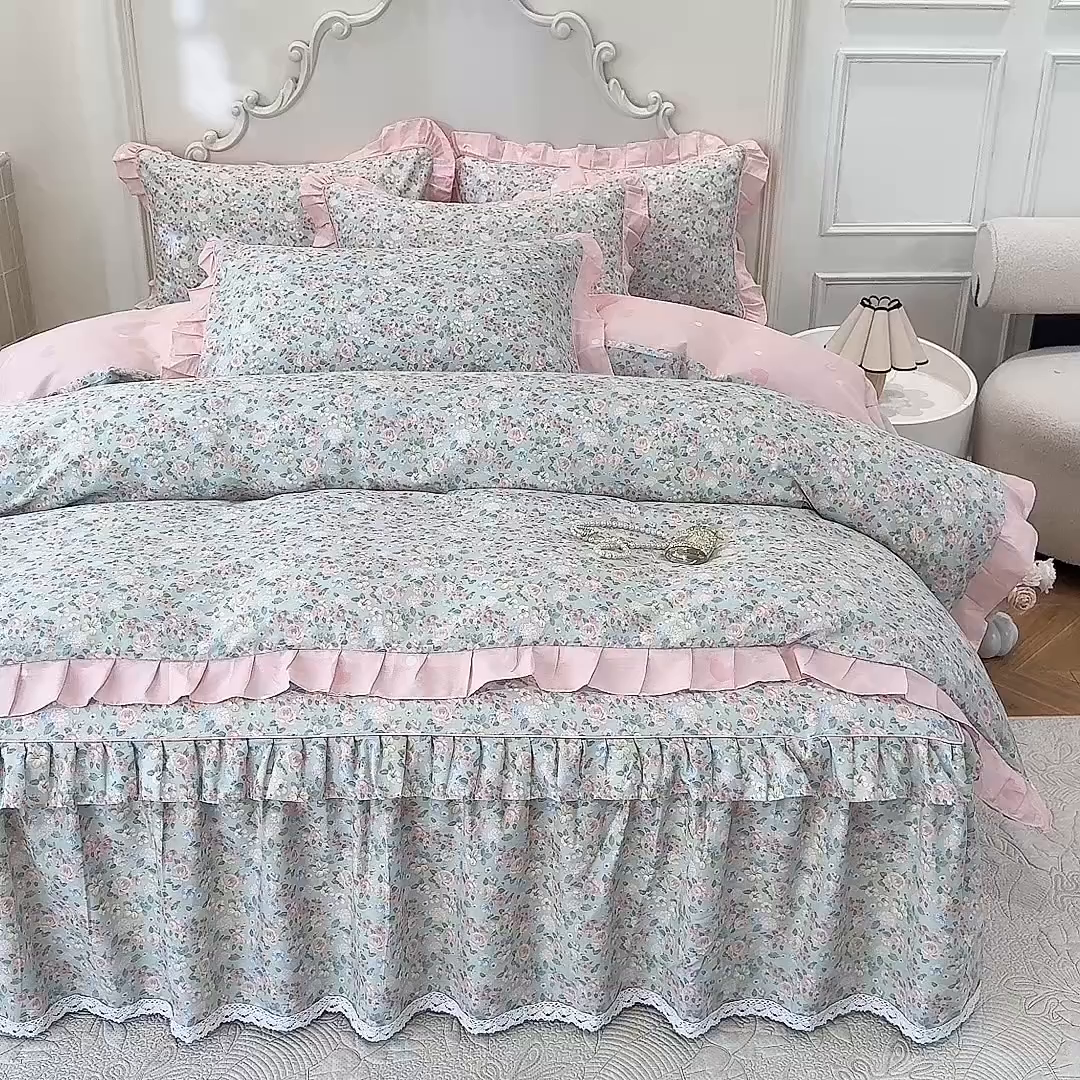 91家纺网 家纺一手货源 找家纺 美达家纺 2025新款韩版全棉床裙款床单款四件套 柏林梦境-绿