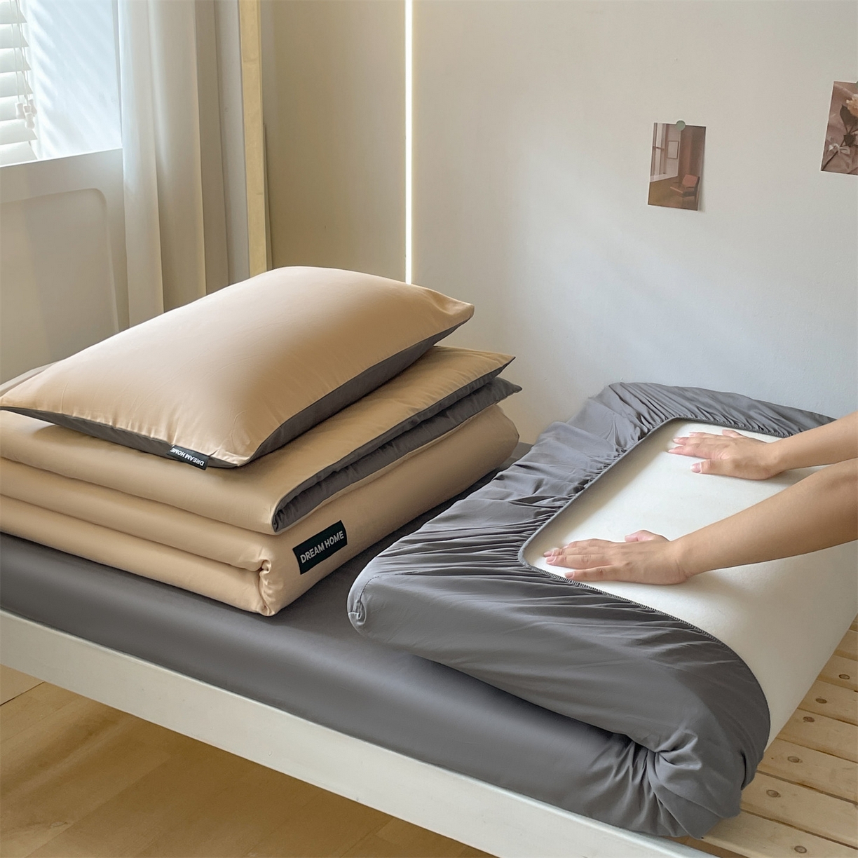 笙意家纺 2025新款全棉纯棉简约黑标学生三件套 黑标款-奶茶+中灰