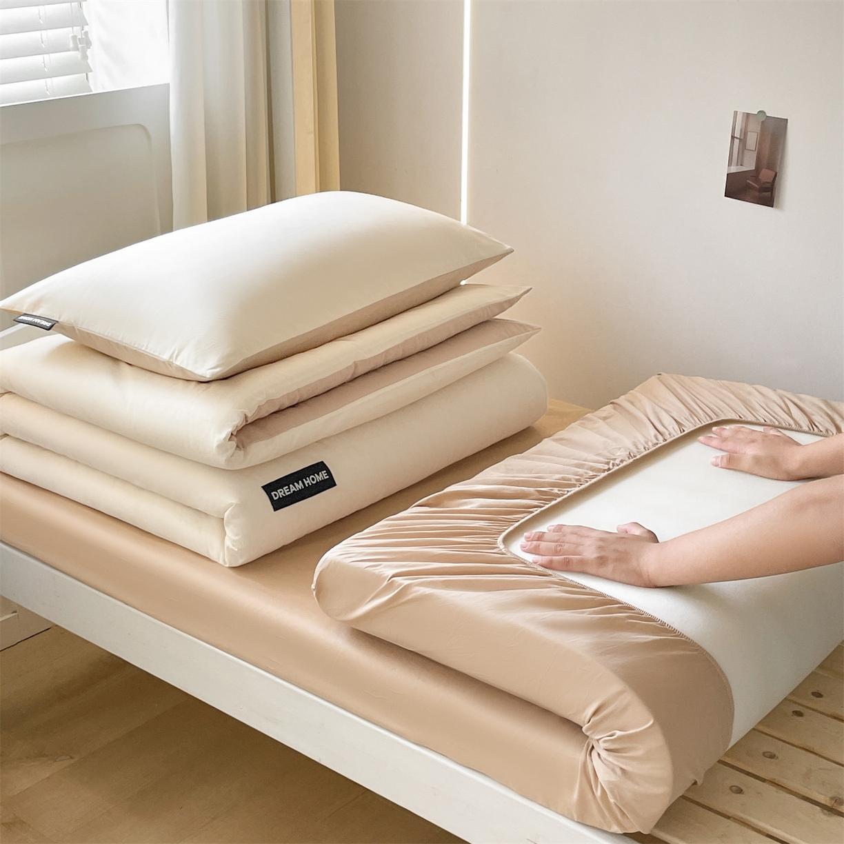 笙意家纺 2025新款全棉纯棉简约黑标学生三件套 黑标款-奶昔白+奶茶