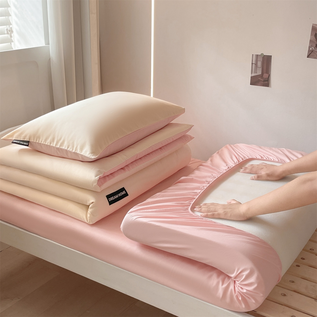 笙意家纺 2025新款全棉纯棉简约黑标学生三件套 黑标款-奶昔白+奶油粉