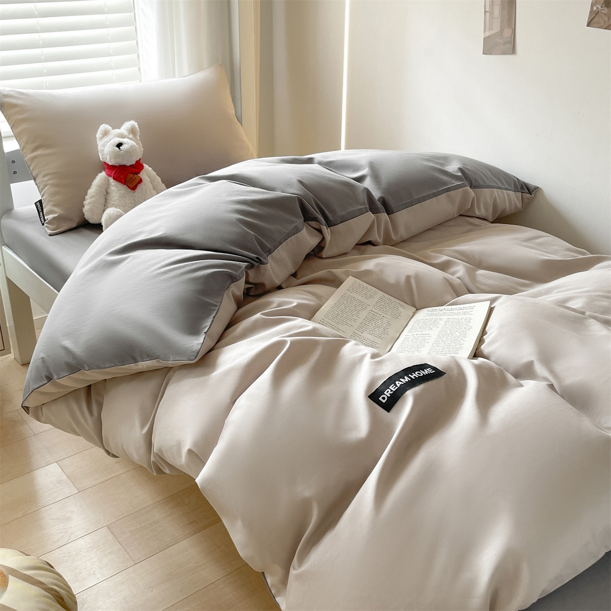 91家纺网 家纺一手货源 找家纺 笙意家纺 2025新款全棉纯棉简约黑标学生三件套 黑标款-山灰+中灰