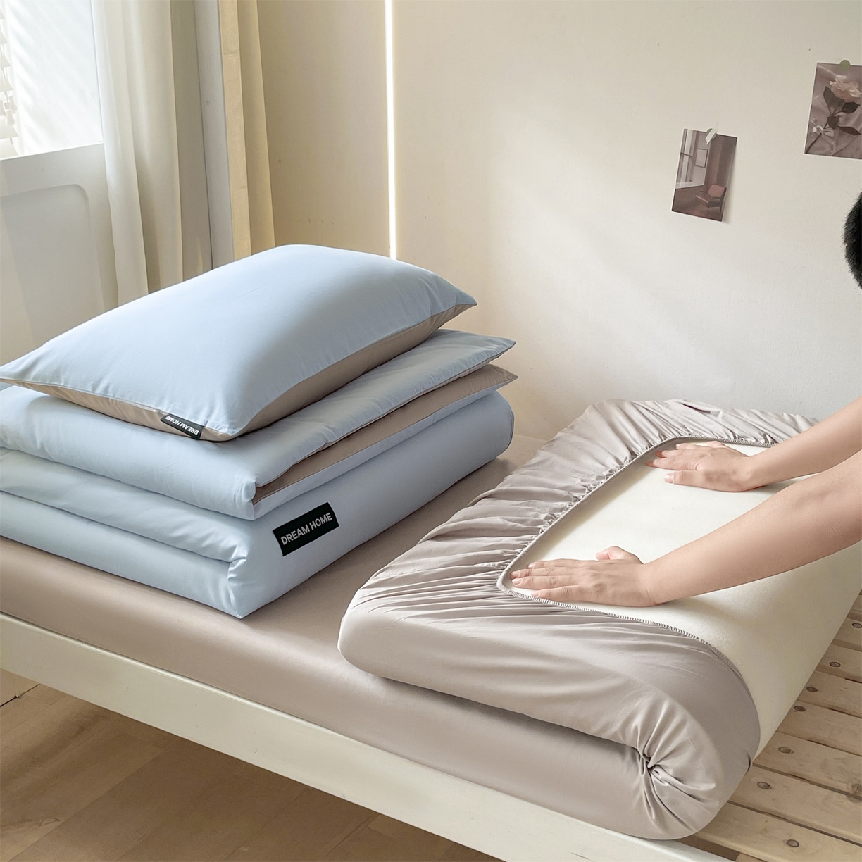 笙意家纺 2025新款全棉纯棉简约黑标学生三件套 黑标款-天空蓝+山灰