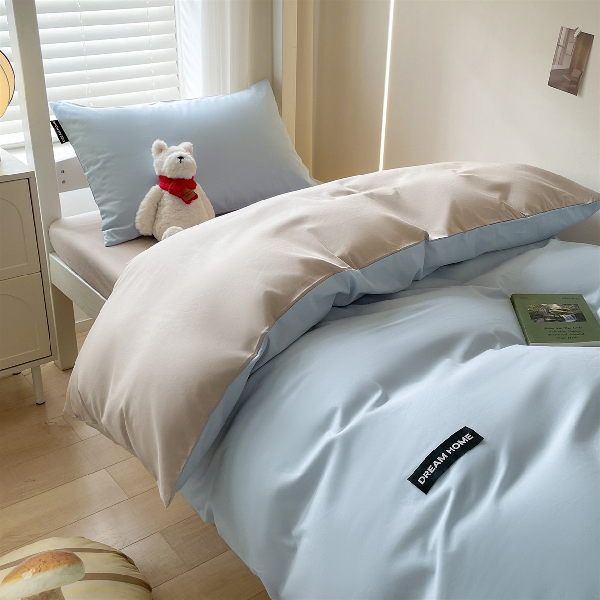 91家纺网 家纺一手货源 找家纺 笙意家纺 2025新款全棉纯棉简约黑标学生三件套 黑标款-天空蓝+山灰