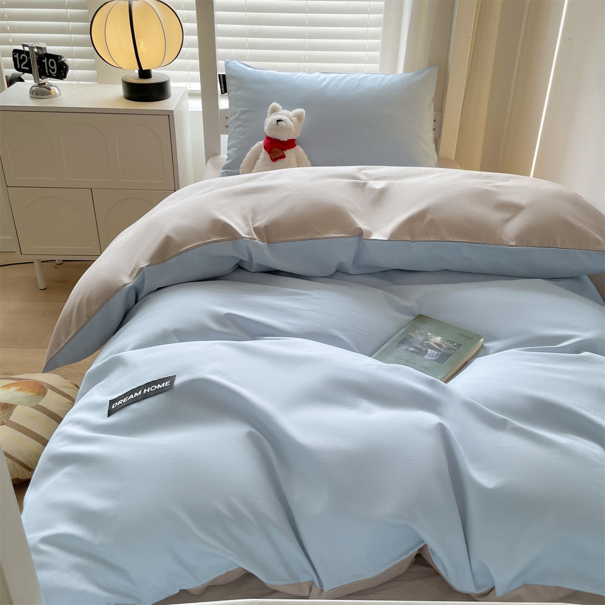 91家纺网 家纺一手货源 找家纺 笙意家纺 2025新款全棉纯棉简约黑标学生三件套 黑标款-天空蓝+山灰